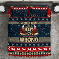 Christmas husky bedding set: dark navy duvet with red trim and 2 matching pillowcases