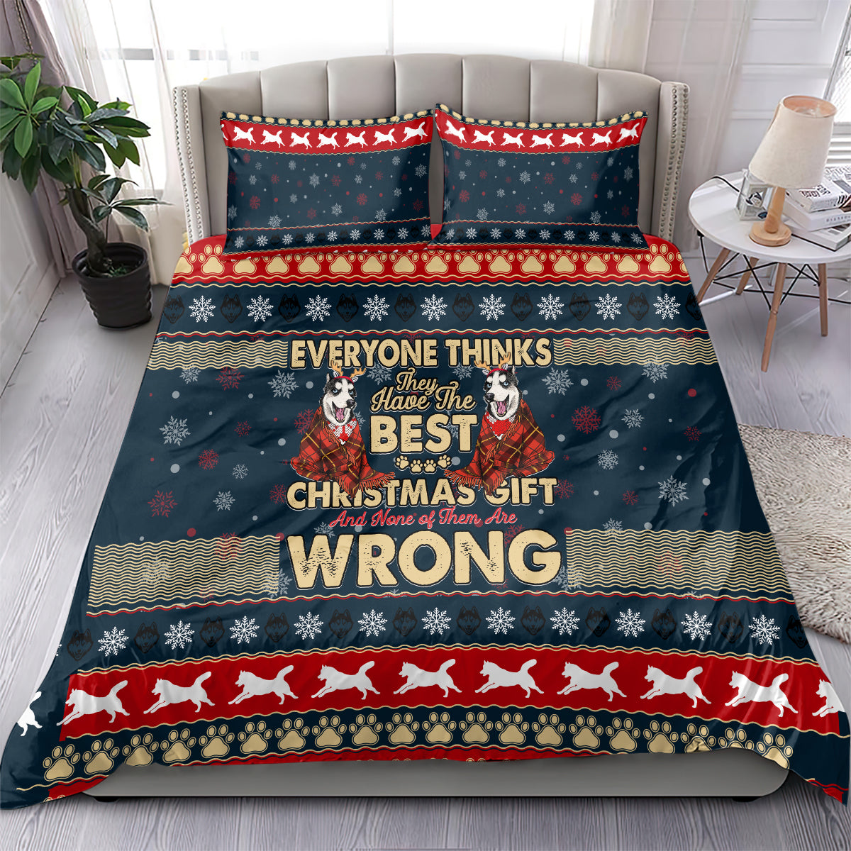 Christmas husky bedding set with 'WRONG' text graphic on dark navy duvet and red hem
