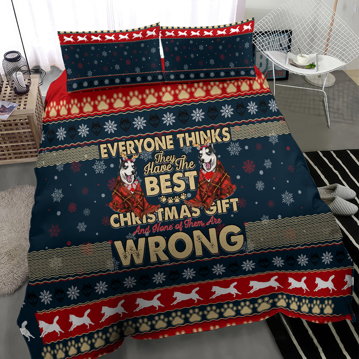 Christmas husky bedding set with two pillowcases and dark navy duvet featuring snowflake patterns