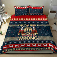Christmas husky bedding set with 'BEST' and 'WRONG' center print on dark navy duvet and red trim