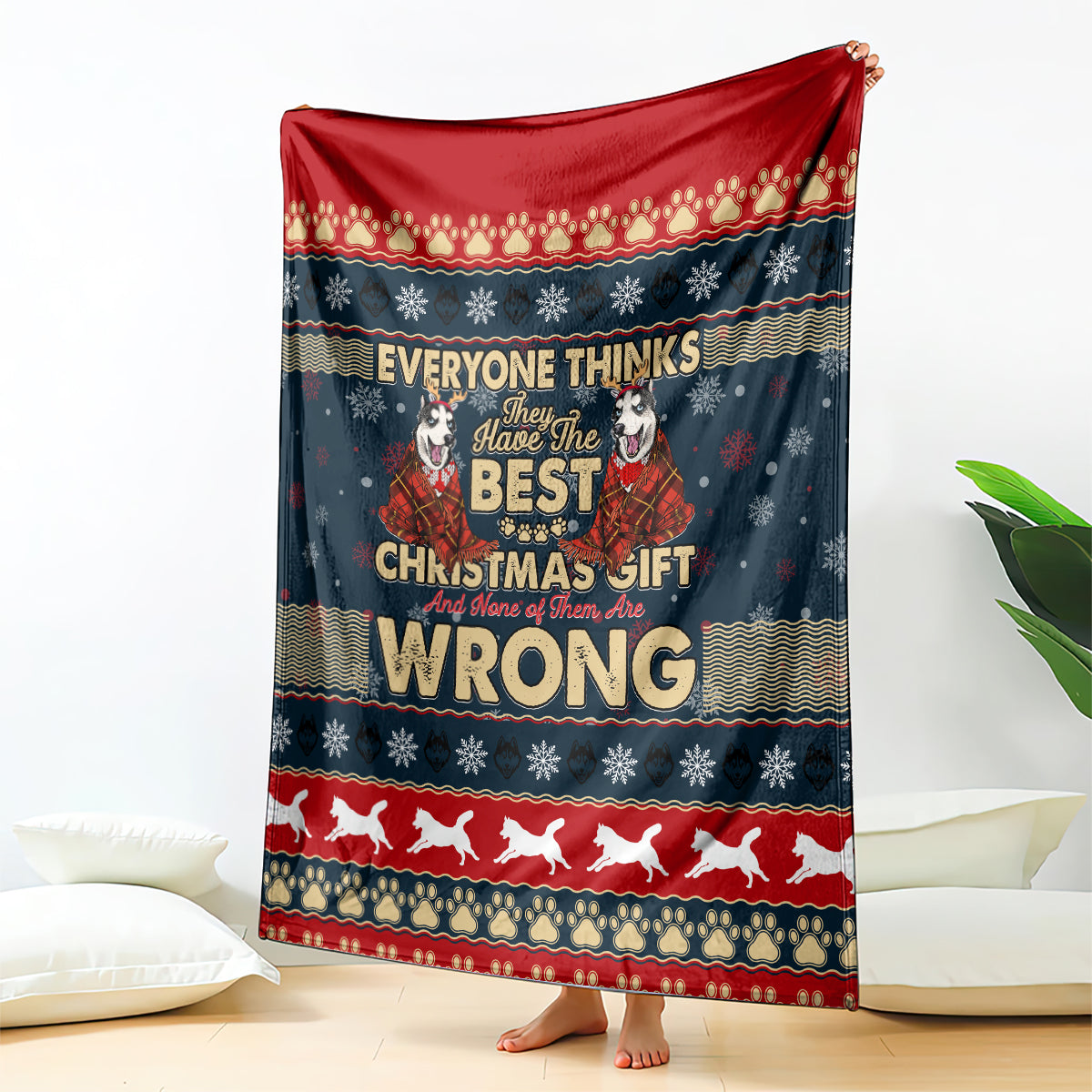 Christmas blanket, dark blue with red border, husky graphic and 'WRONG' text