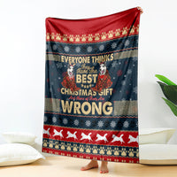 Christmas blanket, dark blue with red border, husky graphic and 'WRONG' text