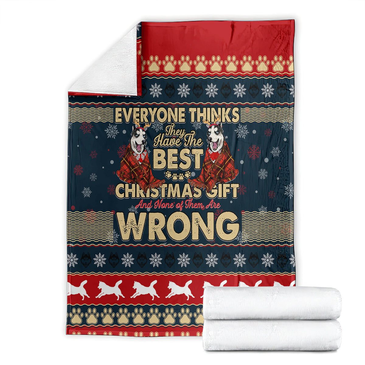 Christmas blanket folded, dark blue with red border, husky 'BEST' and 'WRONG' design