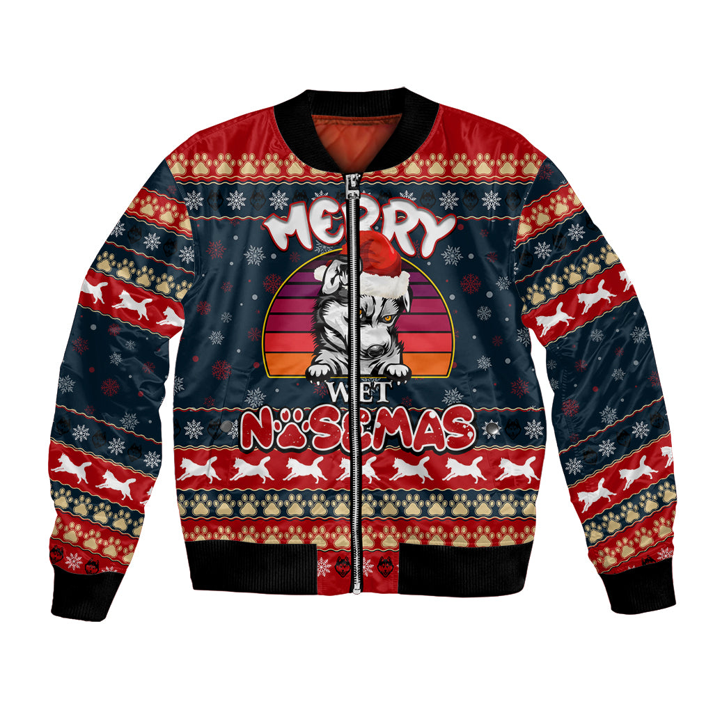 Unisex bomber jacket with husky holiday graphic, front zipper, ribbed cuffs; navy/red