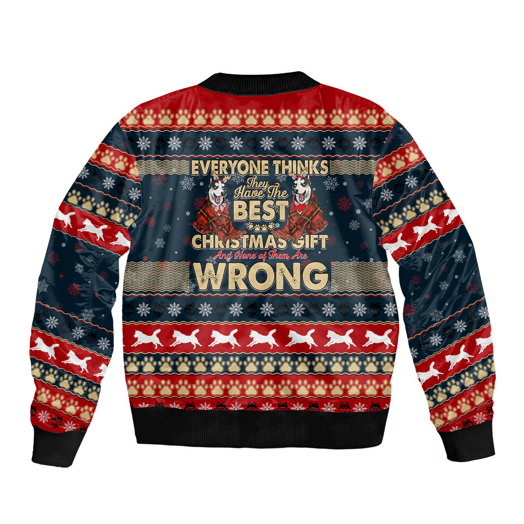 Unisex bomber jacket, back print with holiday text and husky, ribbed hem; navy/red