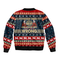 Unisex bomber jacket, back print with holiday text and husky, ribbed hem; navy/red