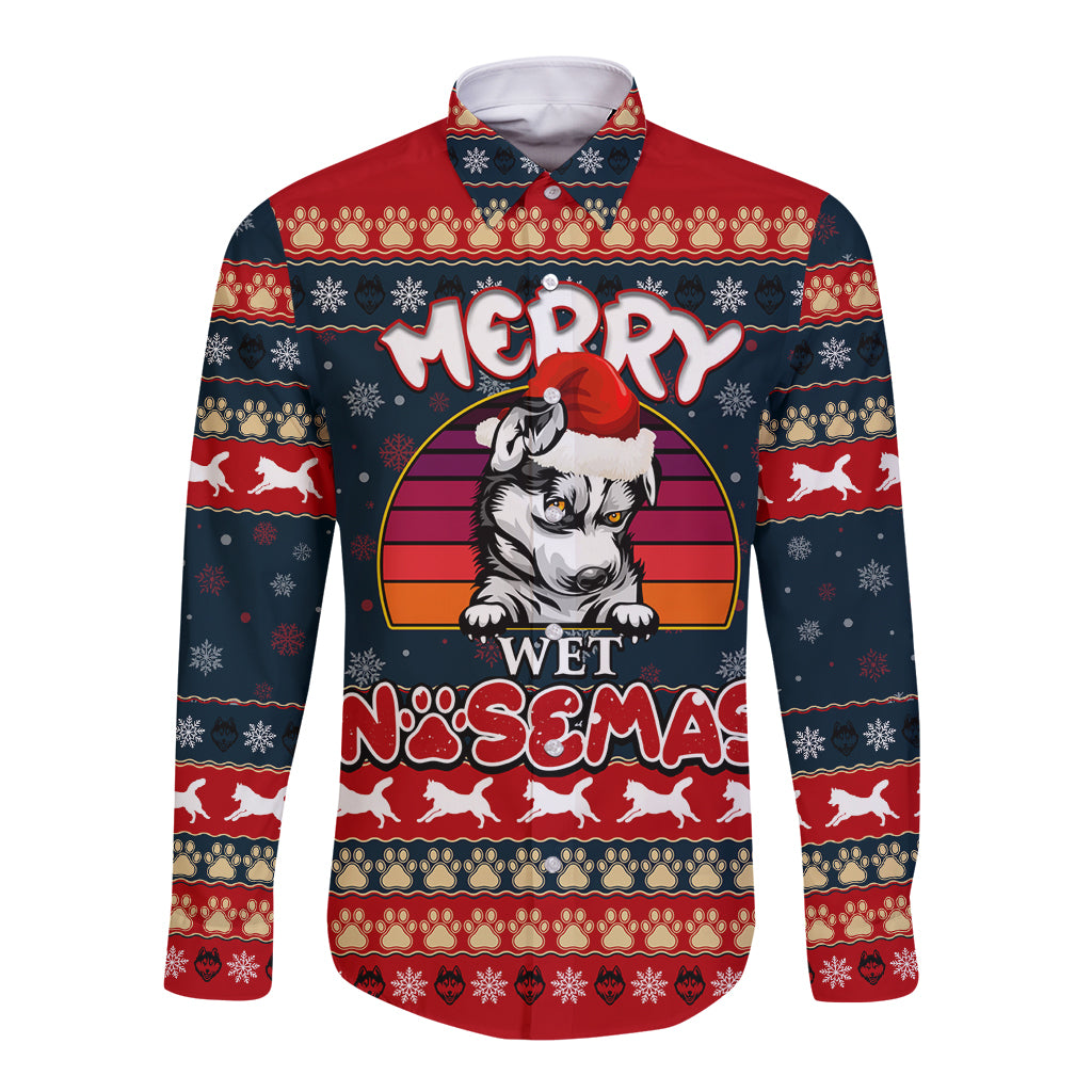 Long-sleeve hooded shirt with navy-red Merry Wet Nosemas husky graphic