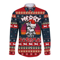 Long-sleeve hooded shirt with navy-red Merry Wet Nosemas husky graphic