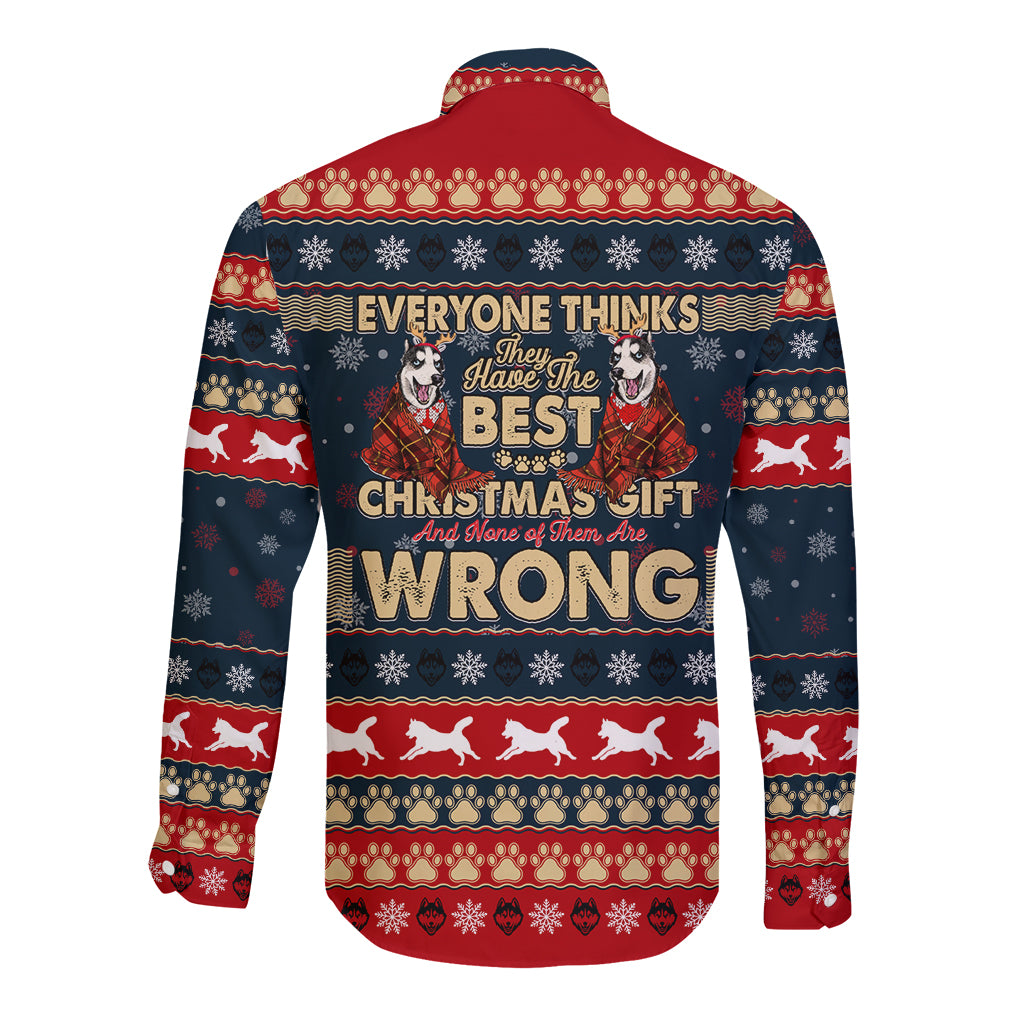 Long-sleeve hooded shirt with navy-red Christmas gift text and husky graphic