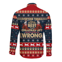 Long-sleeve hooded shirt with navy-red Christmas gift text and husky graphic