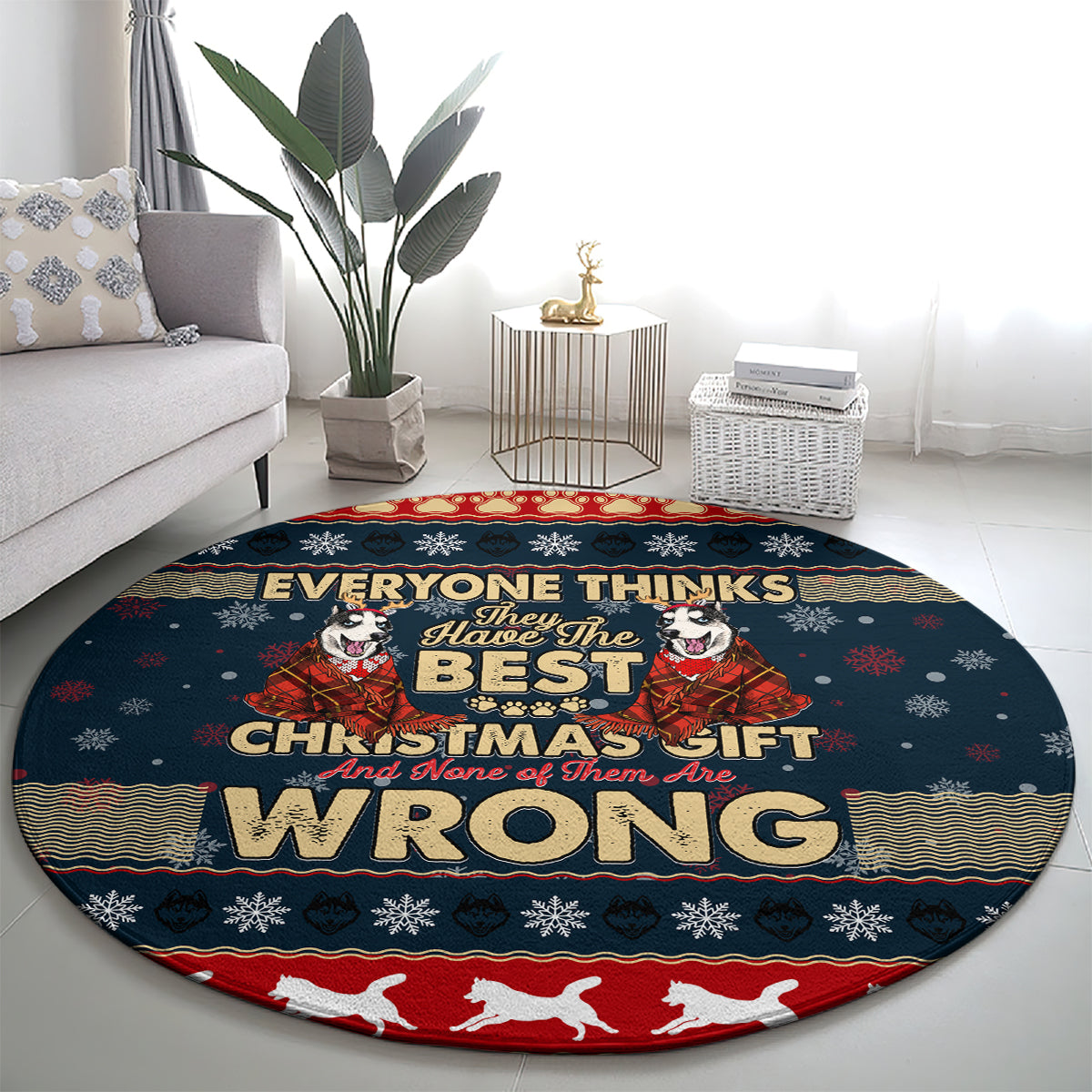 Round Christmas area rug in navy blue with snowflake pattern, husky artwork, 'WRONG'