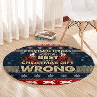 Round navy Christmas rug with husky faces, 'WRONG' message, and red trim
