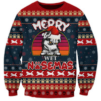 Unisex red and navy Christmas husky sweatshirt with 'Merry Wet Nosemas' graphic