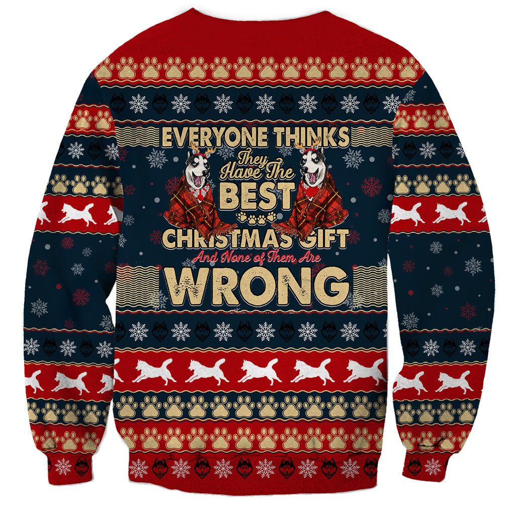 Unisex red and navy Christmas husky sweatshirt with festive 'Everyone thinks ... wrong' text