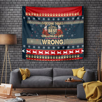 Christmas tapestry wall hanging with red border, husky row, and large “WRONG” text