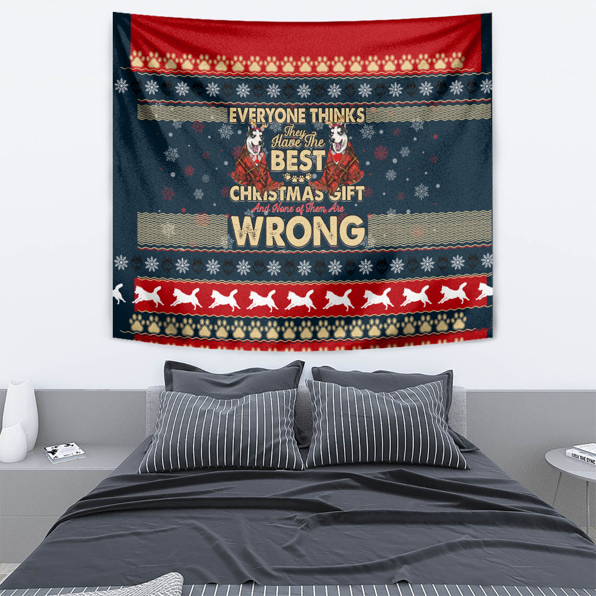 Husky Christmas tapestry with dark navy background, snowy pattern, and “BEST CHRISTMAS GIFT”