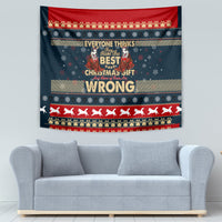 Christmas tapestry with red top trim, snowy icons, husky row, and central “BEST” text