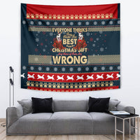 Christmas tapestry wall hanging with dark navy fabric, red husky silhouettes, “EVERYONE THINKS”