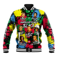 Black varsity baseball jacket with multicolor civil rights leaders graphic, snap front