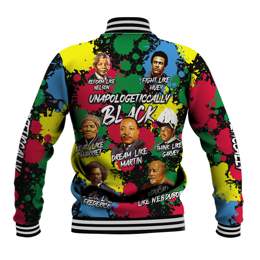 Black baseball jacket with colorful splatter print, ribbed striped collar and cuffs