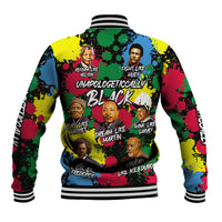 Black baseball jacket with colorful splatter print, ribbed striped collar and cuffs