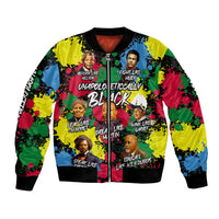 Unisex black bomber jacket with colorful civil-rights leaders graphic, front zipper