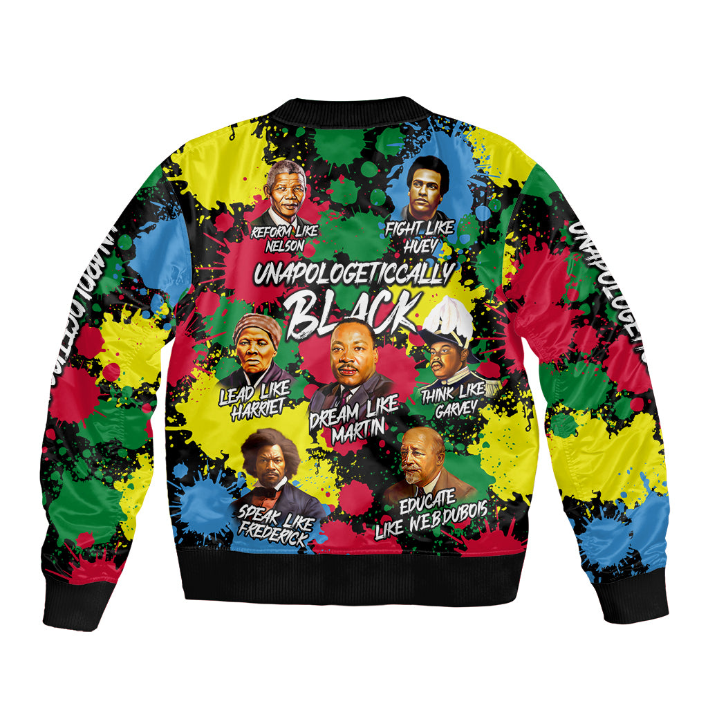 Unisex black bomber jacket with vibrant portrait collage, ribbed hem and full front