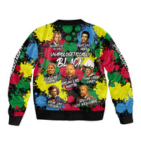 Unisex black bomber jacket with vibrant portrait collage, ribbed hem and full front