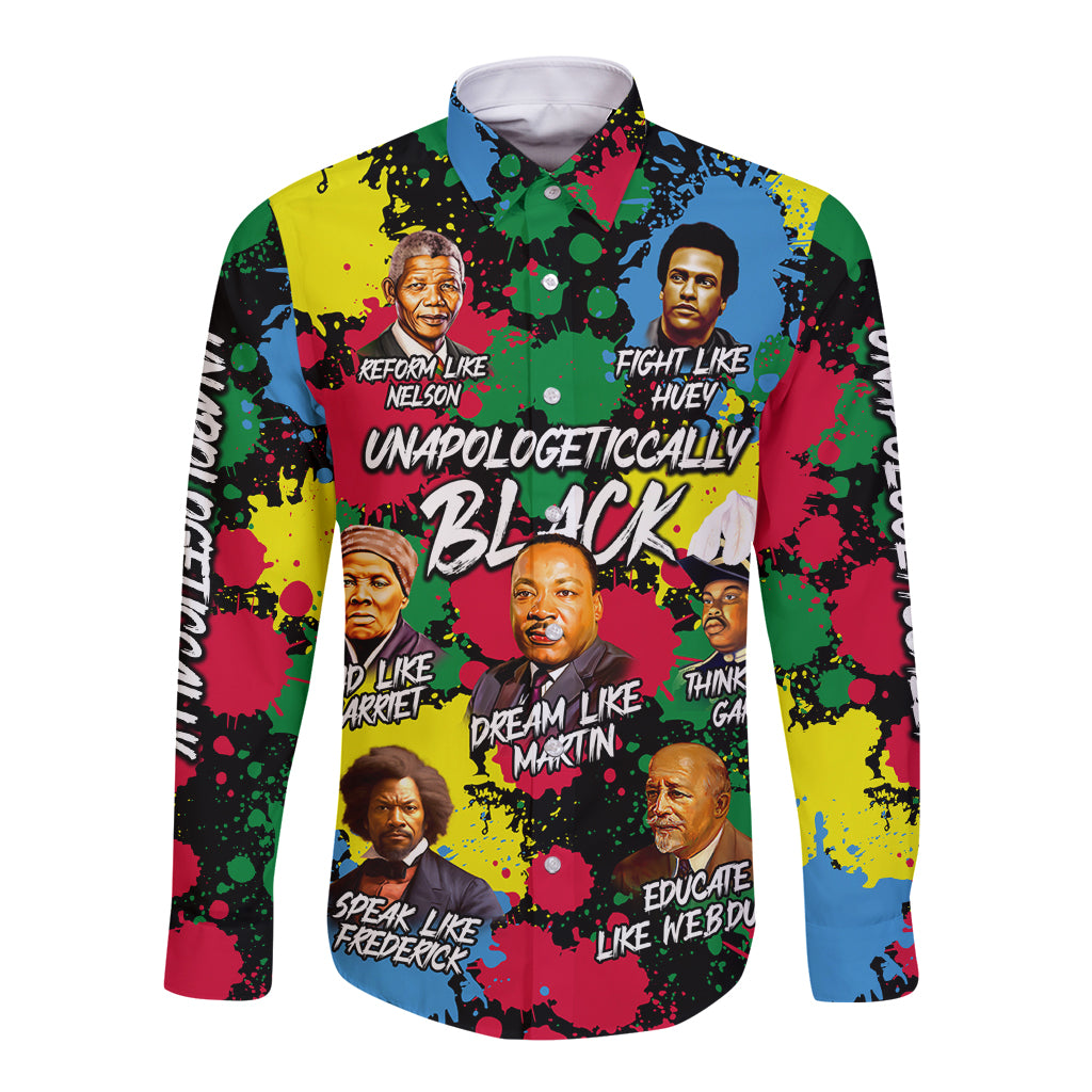 Long-sleeve button shirt with multicolor Civil Rights leader graphic and text