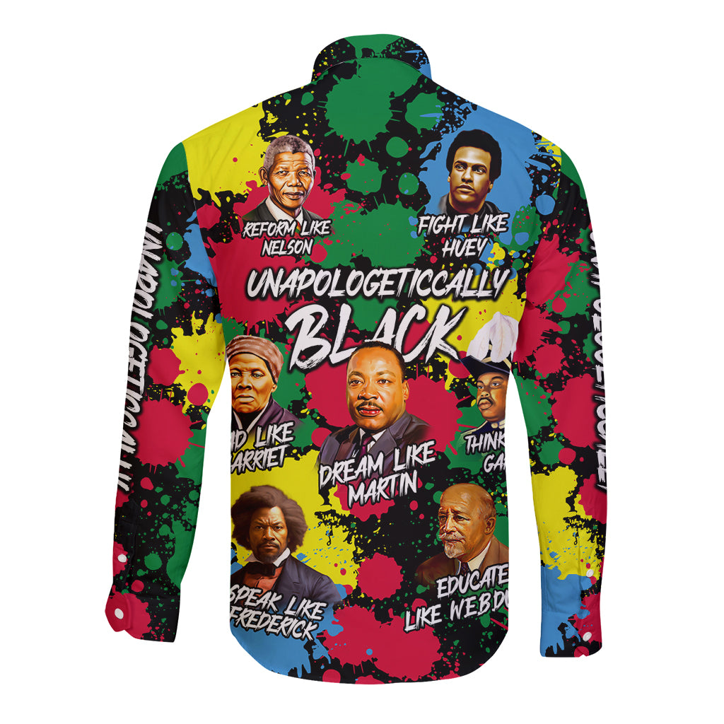 Long-sleeve button shirt with front portrait collage and colorful paint-splatter pattern