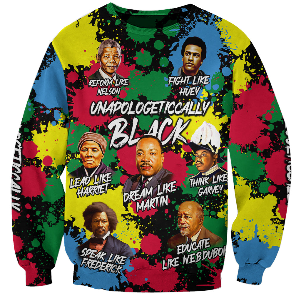 Unisex black sweatshirt with colorful Civil Rights Leaders front graphic, crew neck