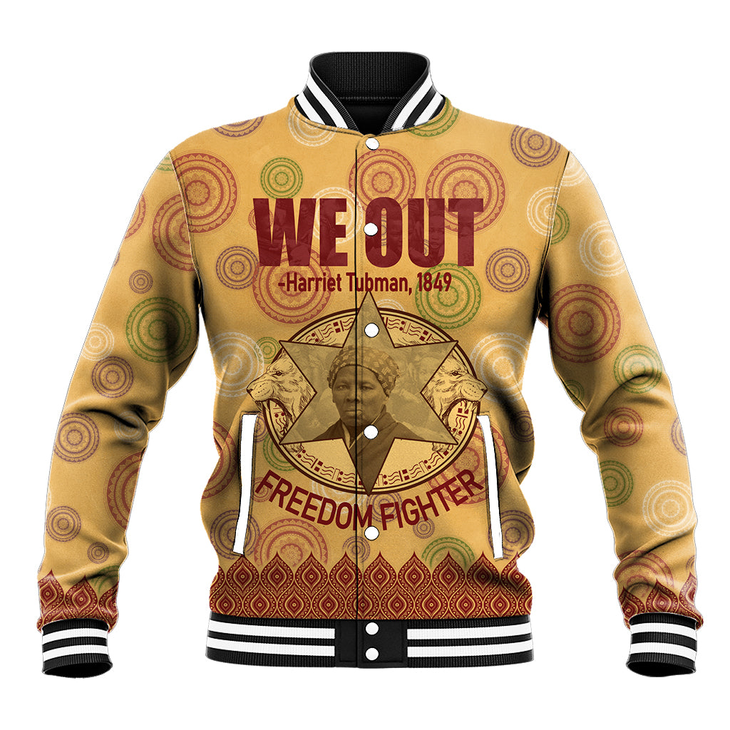 Beige varsity baseball jacket with black-and-white striped rib trim and front graphic