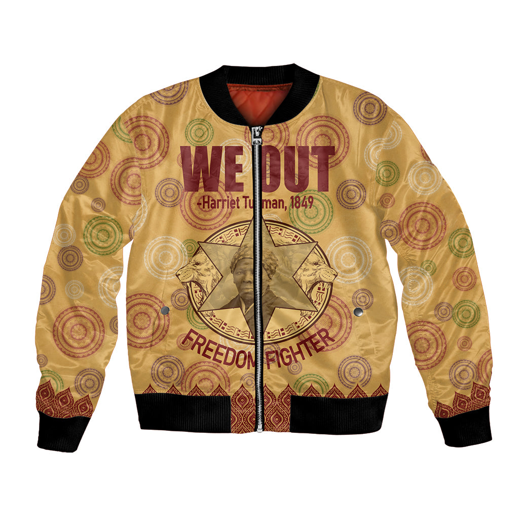 Beige bomber jacket with full-zip front, ribbed cuffs, and Harriet Tubman graphic print