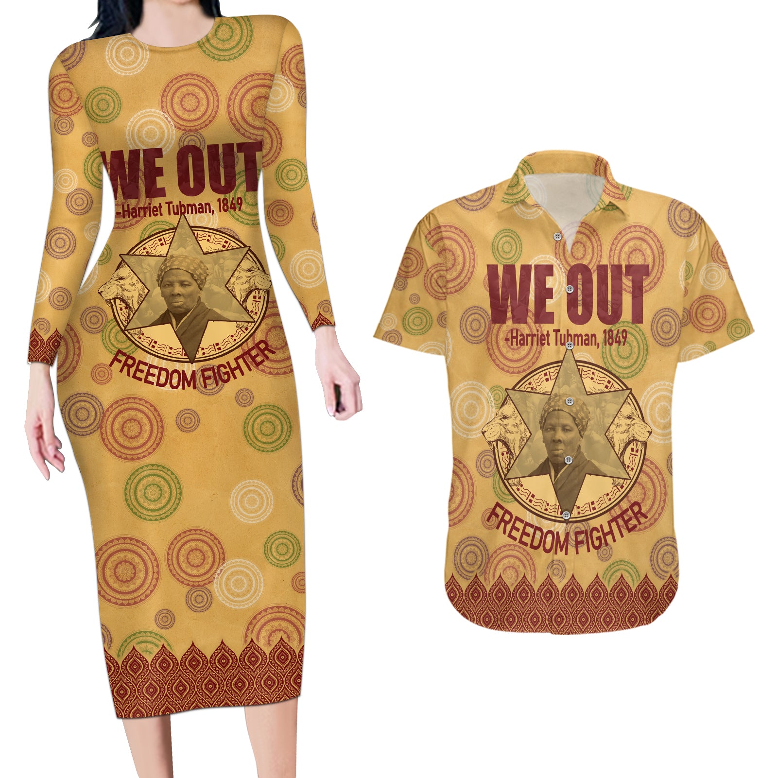 We Out 1849 African-American Couples Matching Long Sleeve Bodycon Dress and Hawaiian Shirt Harriet Tubman