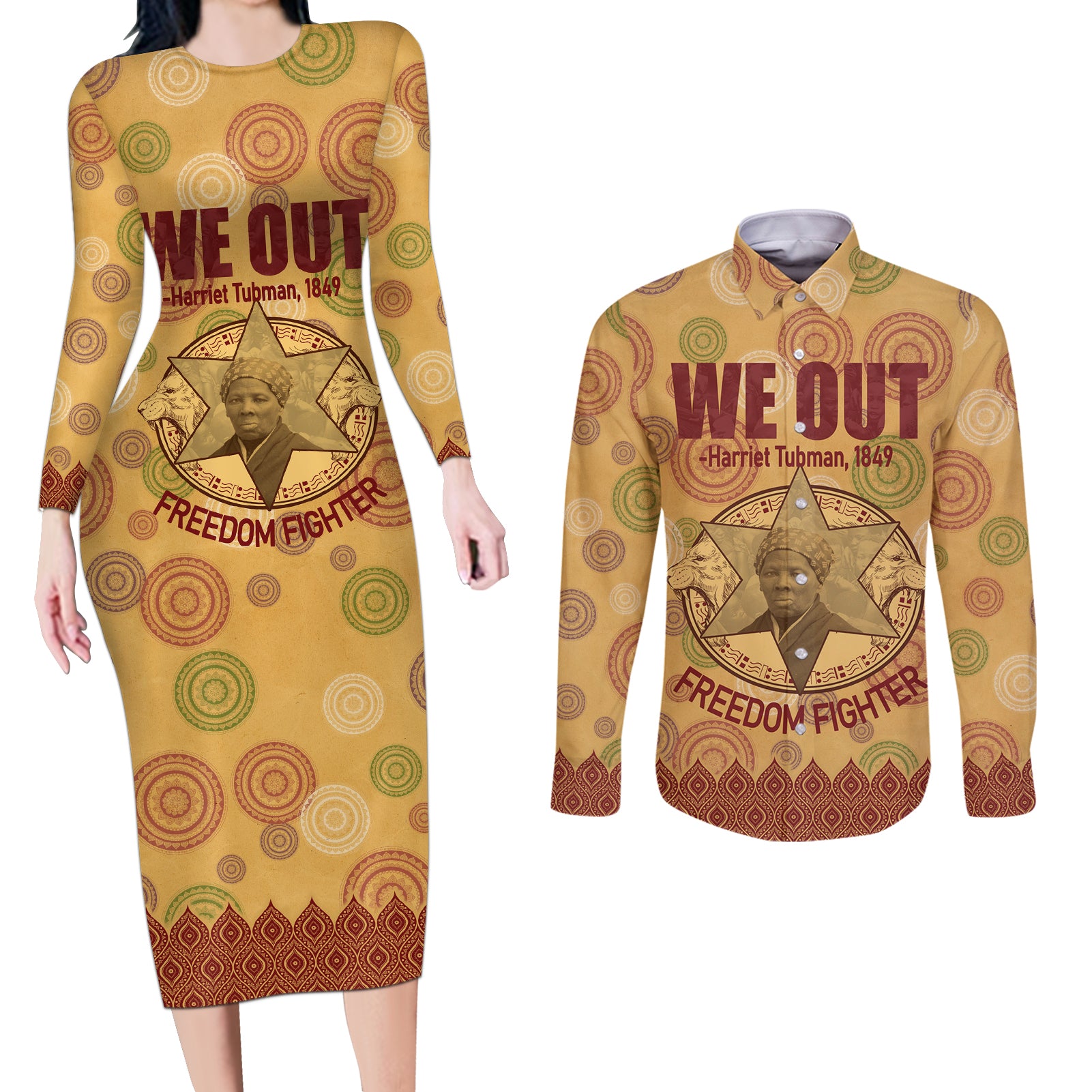 We Out 1849 African-American Couples Matching Long Sleeve Bodycon Dress and Long Sleeve Button Shirt Harriet Tubman