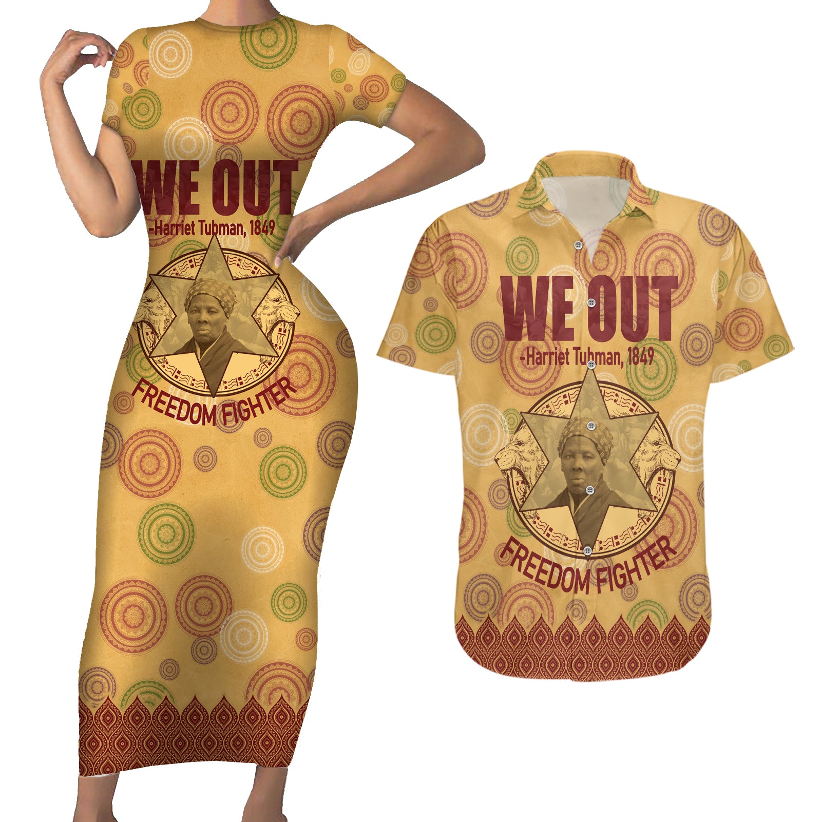 We Out 1849 African-American Couples Matching Short Sleeve Bodycon Dress and Hawaiian Shirt Harriet Tubman