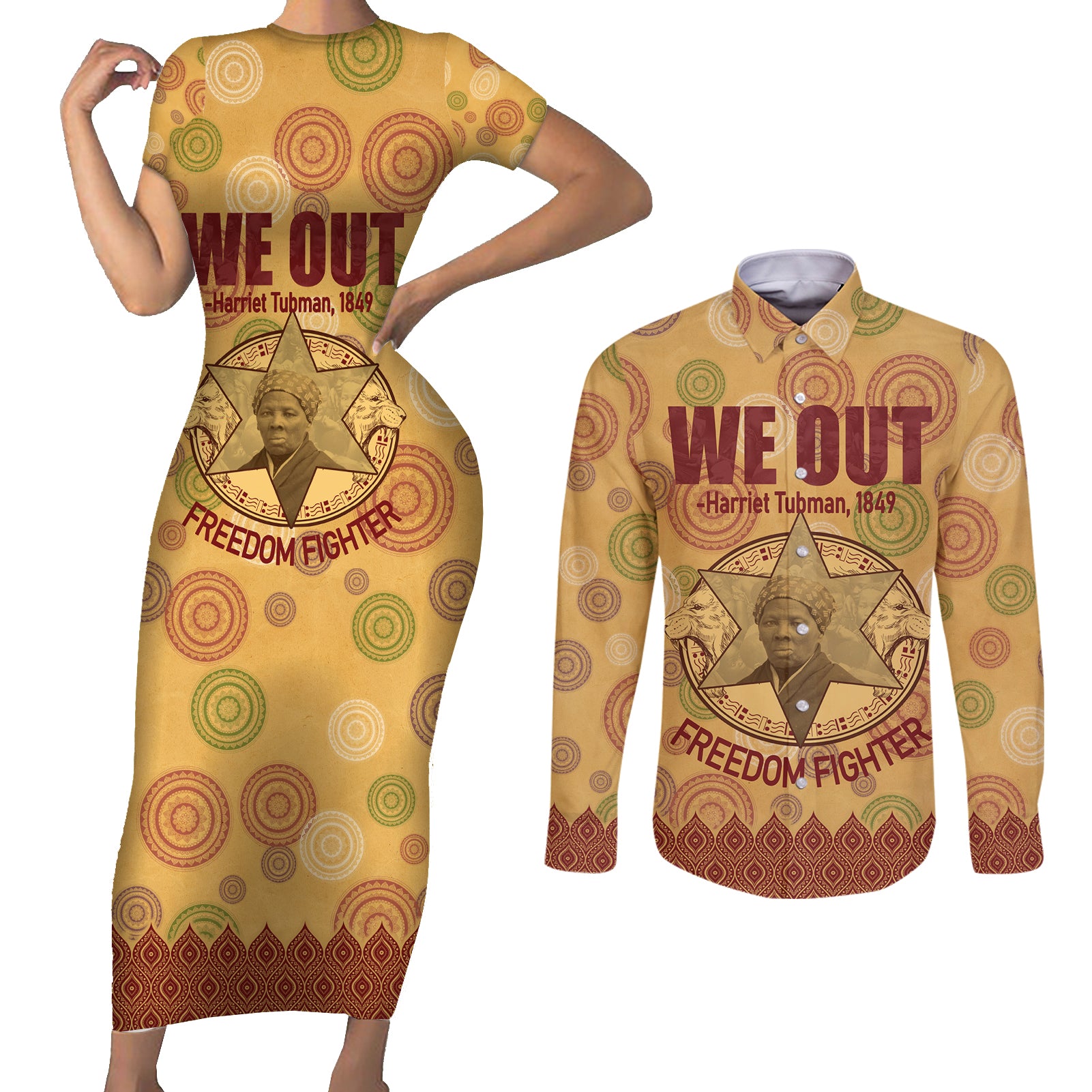 We Out 1849 African-American Couples Matching Short Sleeve Bodycon Dress and Long Sleeve Button Shirt Harriet Tubman