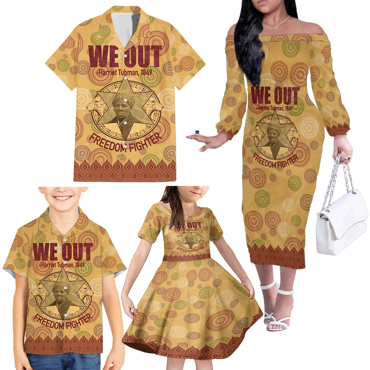 We Out 1849 African-American Family Matching Off Shoulder Long Sleeve Dress and Hawaiian Shirt Harriet Tubman