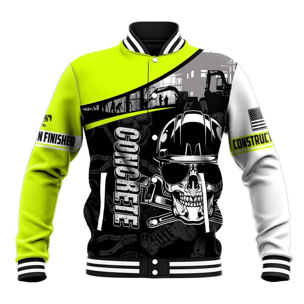 Neon lime baseball jacket with front skull construction print, snap buttons and striped cuffs