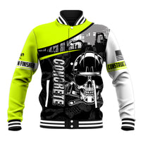 Neon lime baseball jacket with front skull construction print, snap buttons and striped cuffs