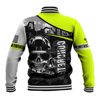 Neon lime baseball jacket with black skull construction graphic, striped collar and cuffs