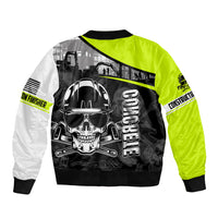 Unisex bomber jacket with large skull graphic, neon green and white sleeves, ribbed hem