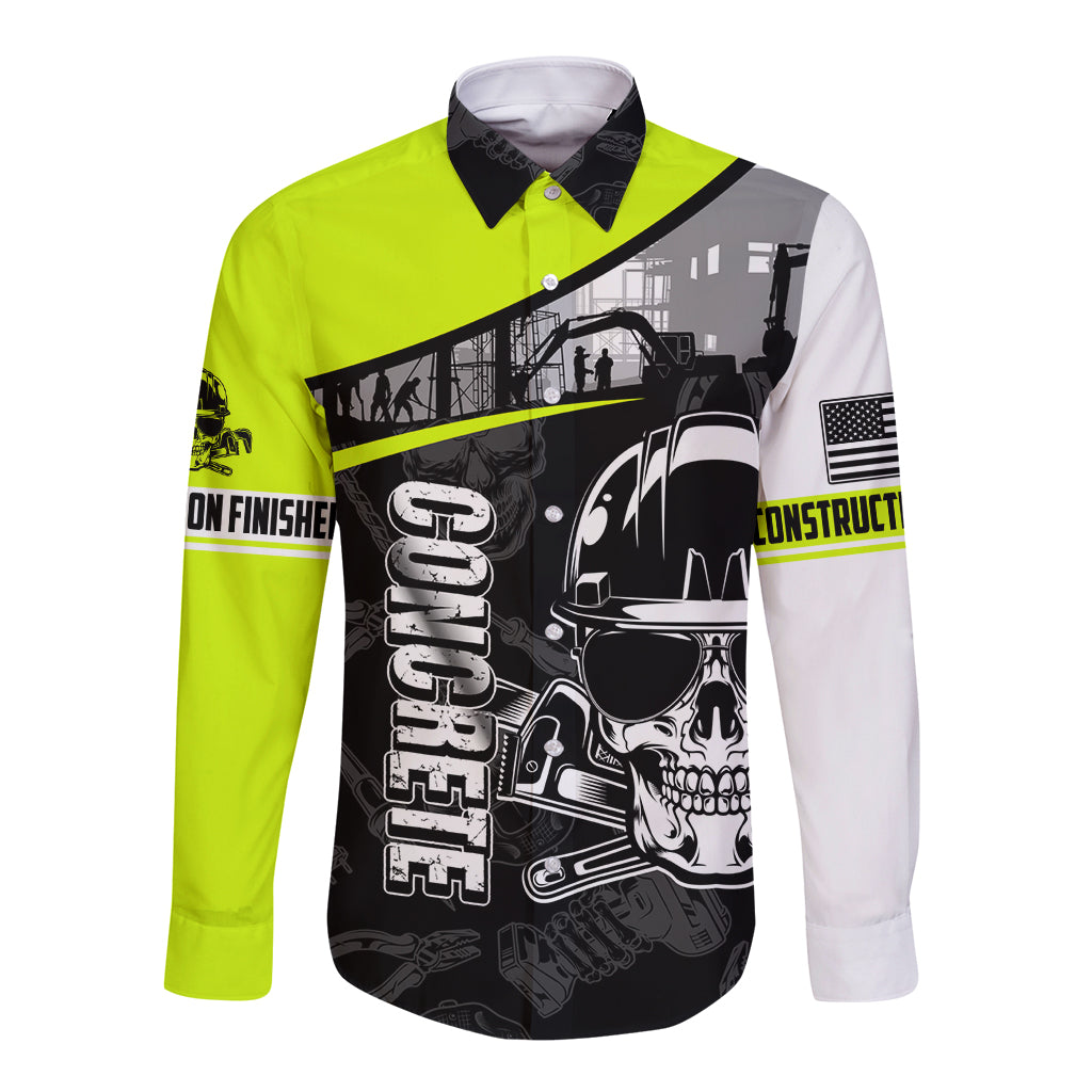 Long sleeve button shirt, neon yellow and white with black skull construction graphic
