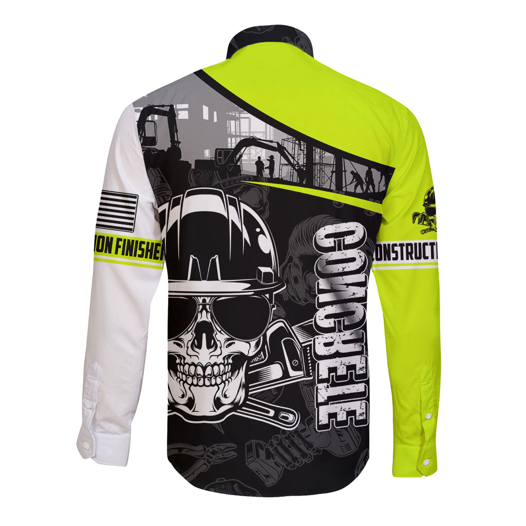 Long sleeve button shirt with neon yellow back panel and white sleeves, black skull print
