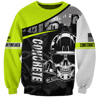 Unisex crewneck sweatshirt, neon green and gray, black skull construction graphic