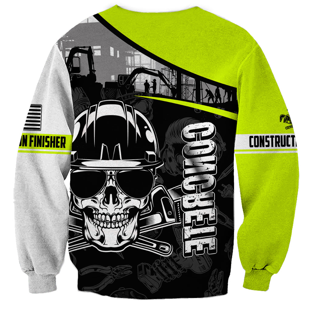 Unisex crewneck sweatshirt, neon green and gray colorblock, skull with Concrete Finisher