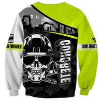 Unisex crewneck sweatshirt, neon green and gray colorblock, skull with Concrete Finisher