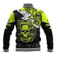 Electricians skull baseball jacket, neon green/black back graphic and striped ribbed hem