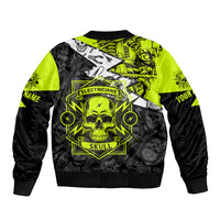 Personalised electricians skull bomber jacket, neon green and black back graphic