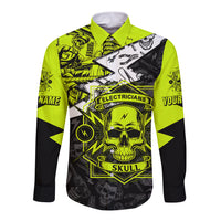 Long-sleeve button shirt, neon green collar and sleeves, electricians skull graphic front